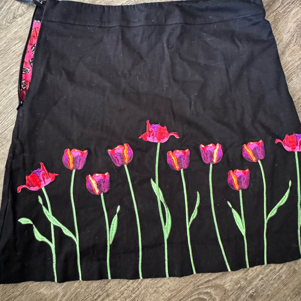 Black A-Line Skirt with Embroidered Tulips - Picture 2 of 5